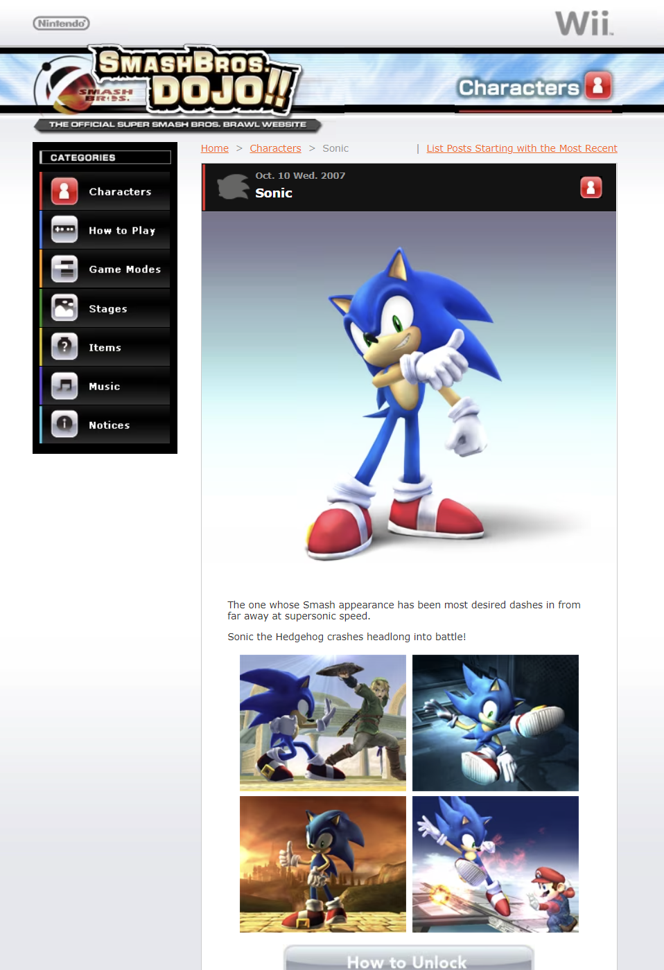 Screenshot of Sonic the Hedgehog's page on the Smash Bros. Dojo!! website